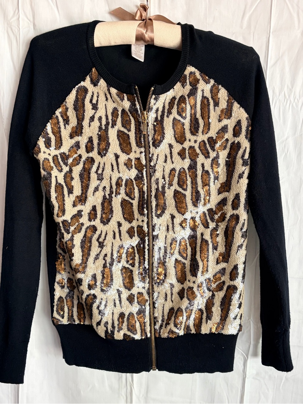Cache Black Cardigan with Gold and Brown Sequin Leopard Front